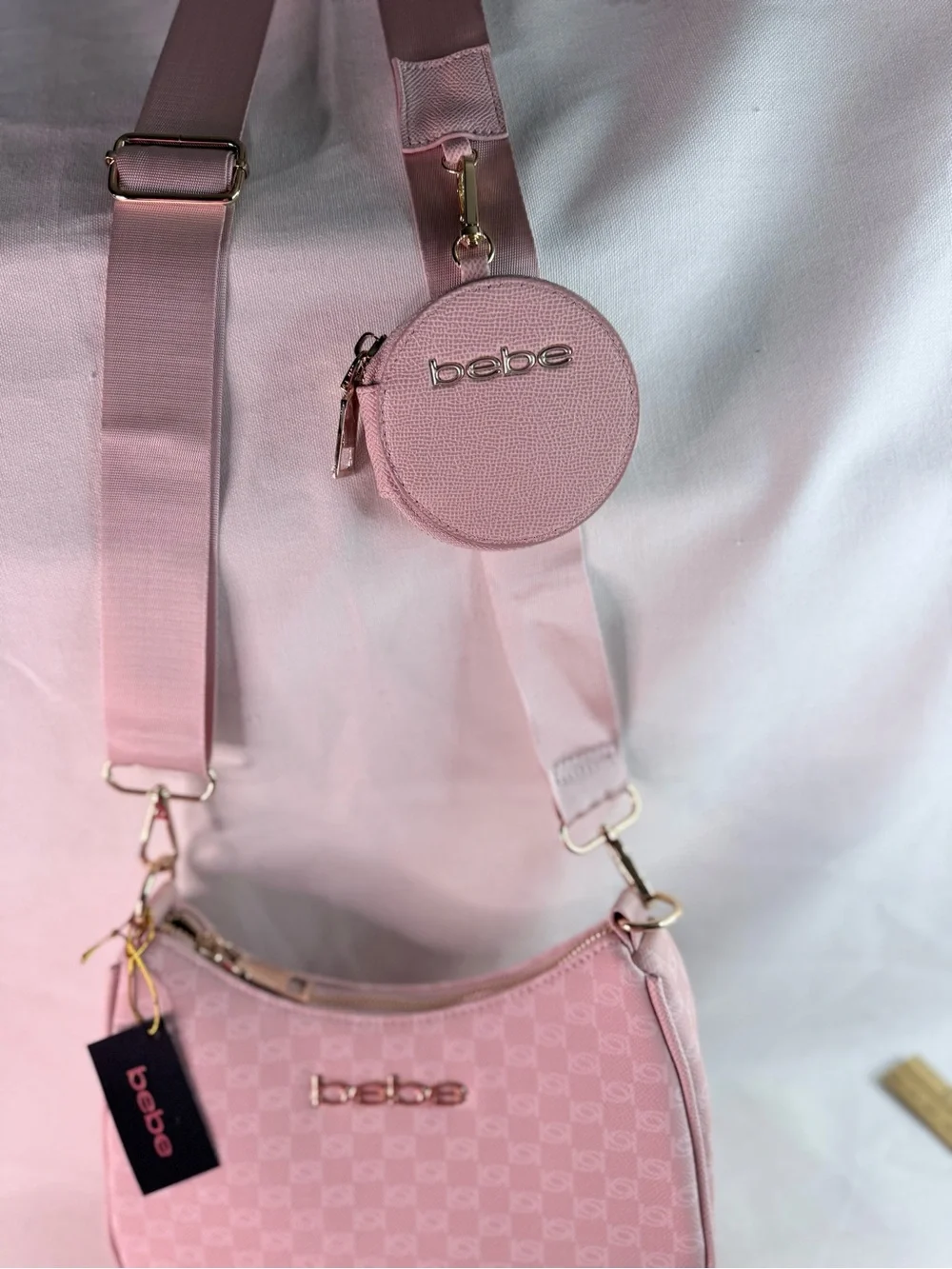 bebe Pink Signature Crossbody Bag with Coin Pouch, Keychain and adjustable Strap